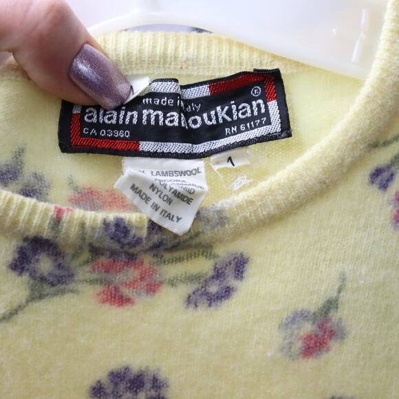 Vintage Alain Manoukian Floral Sweater Size 1 - Yellow Lambswool Blend Pullover - Picture 6 of 6